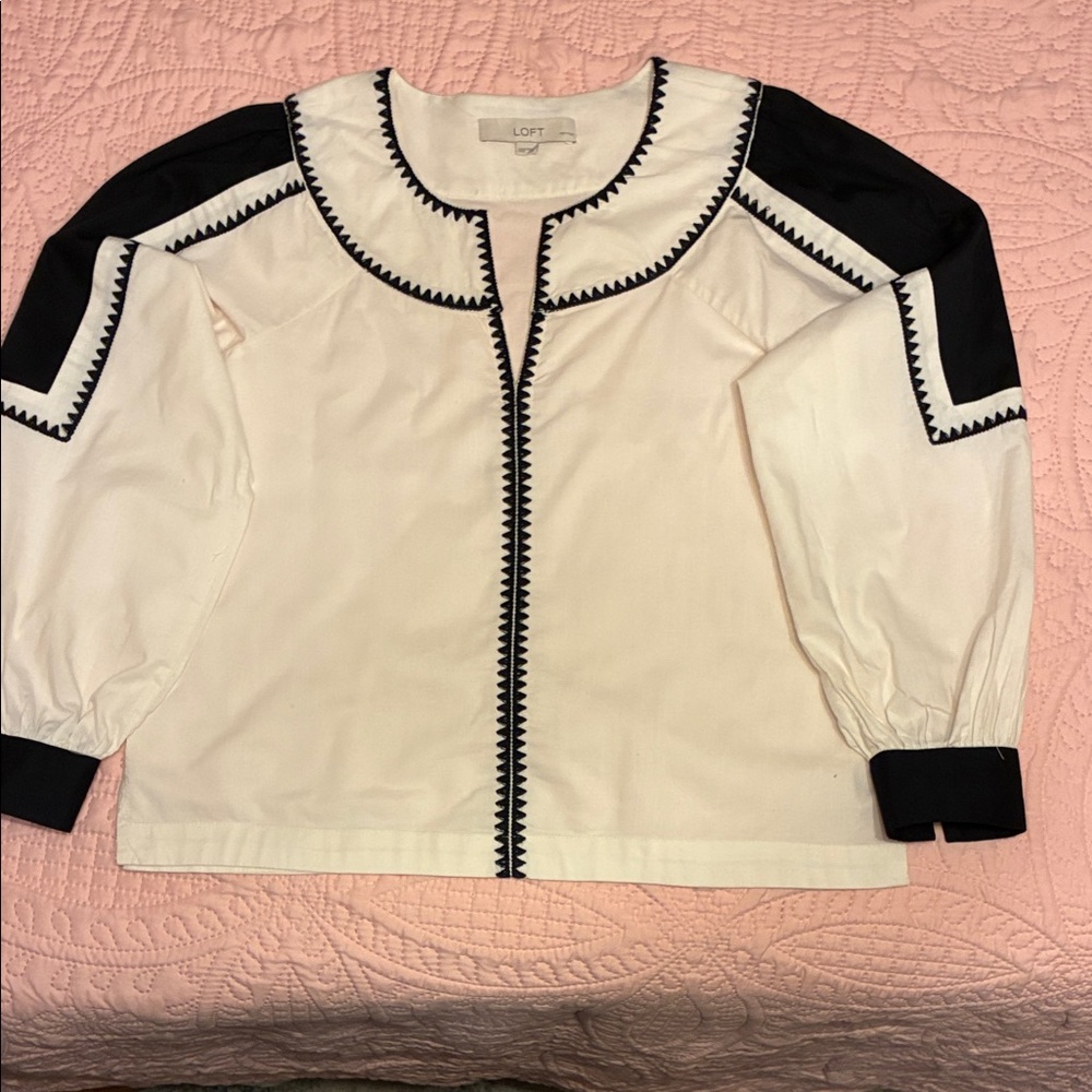 LOFT Cream Blouse with Black Trim Zigzag Detail